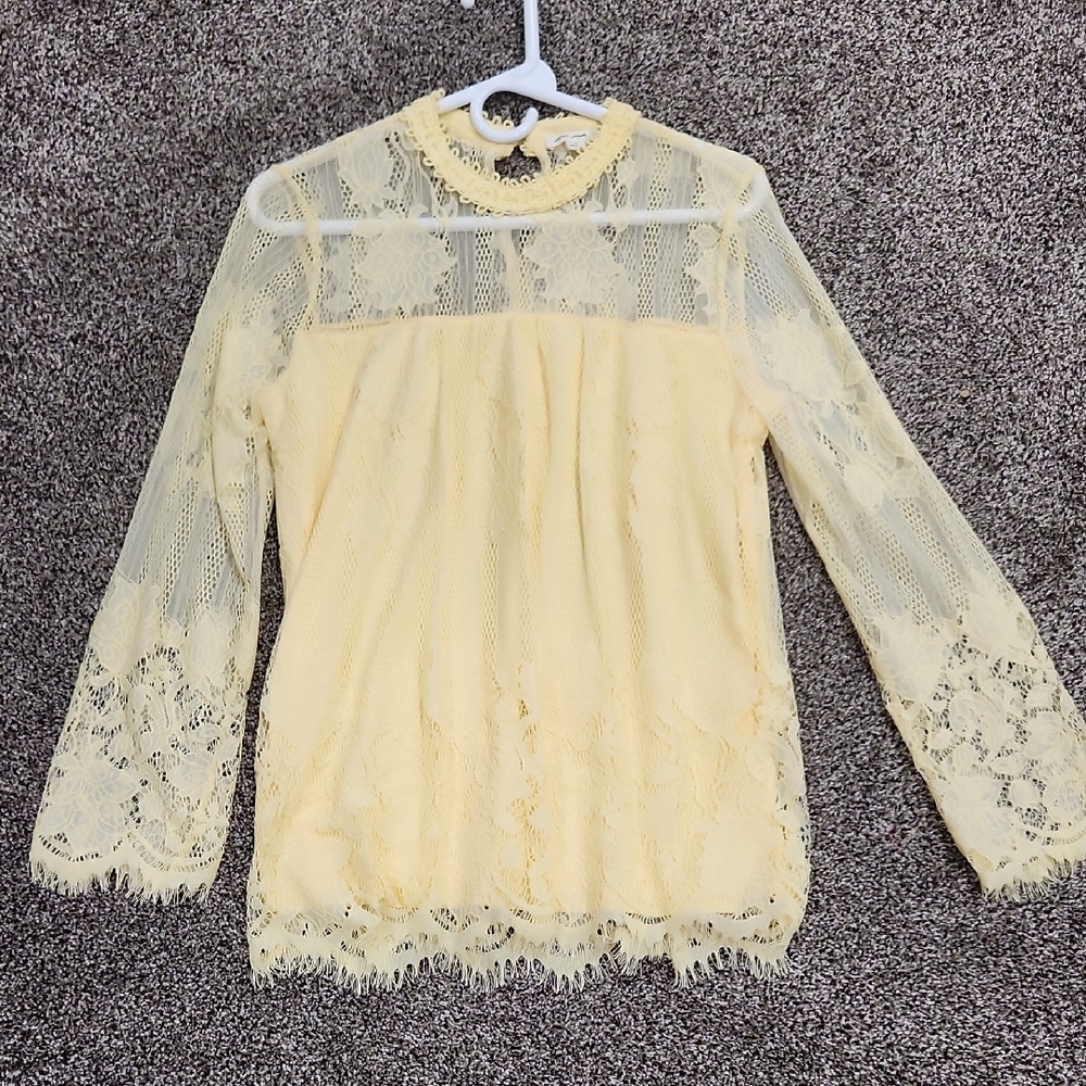 Ultra Pink Yellow Cream Lace Sheer Long Sleeve Blouse